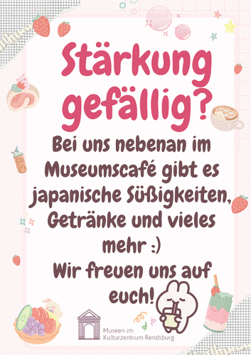Plakat „Stärkung gefällig?“ mit gezeichneten japanischen Süßigkeiten und Getränken.