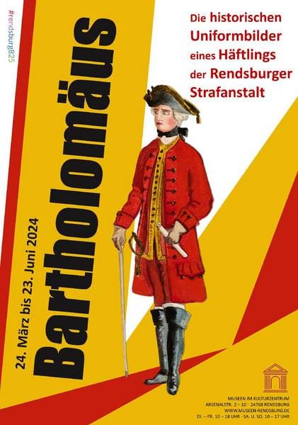 Plakat der Ausstellung mit einem gemalten Soldaten in roter Uniform und Dreispitz.