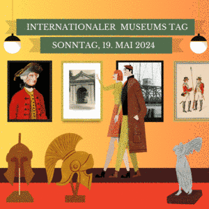 Plakat zum Internationalen Museumstag am 19. Mai 2024 mit gezeichneten Besuchern vor Bildern und Rüstungen.