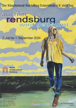 Plakat der Ausstellung mit einer gemalten Frau in gelbem Oberteil vor einer Landschaft.