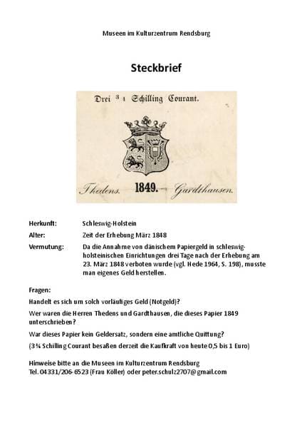 Steckbrief der Museen mit der Abbildung eines Papiers über „Drei 3/4 Schilling Courant“ von 1849 mit gekröntem Wappen.