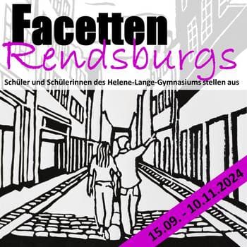 Plakat der Ausstellung mit einem schwarz-weißen Linolschnitt einer Rendsburger Straße.