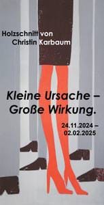 Plakat der Ausstellung mit einem Holzschnitt von zwei Beinen in roten Strümpfen.
