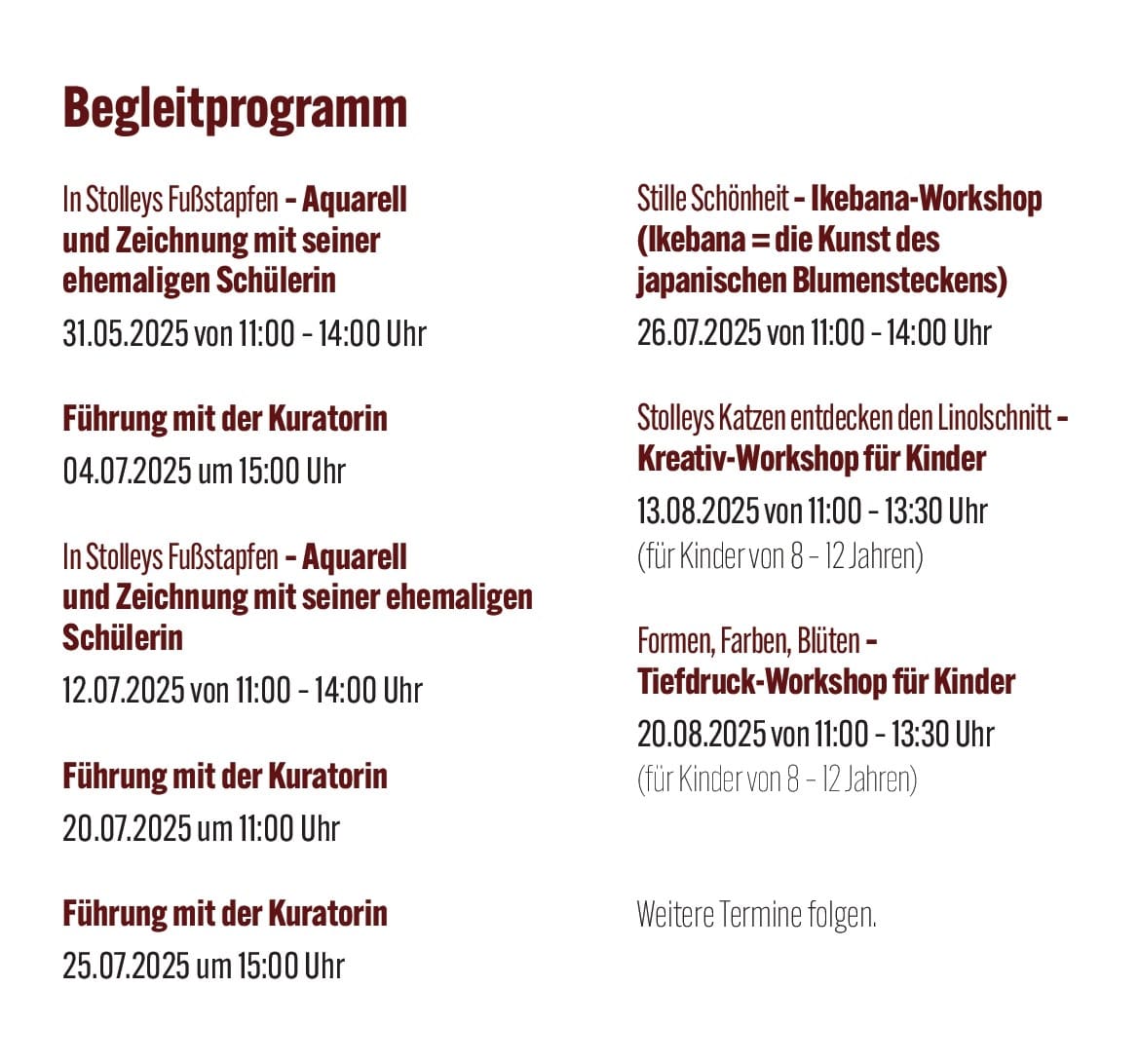 Flyer zur Ausstellung über Claus Stolley mit Porträtzeichnung und Begleitprogramm.