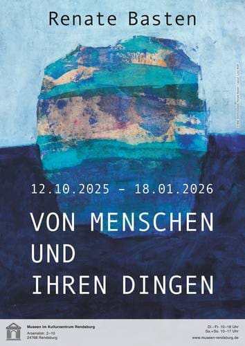 Plakat der Ausstellung mit einem Gemälde von Renate Basten in Blau- und Türkistönen.