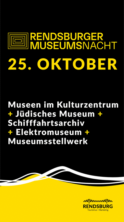Plakat der Rendsburger Museumsnacht am 25. Oktober mit den teilnehmenden Museen auf schwarzem Grund.