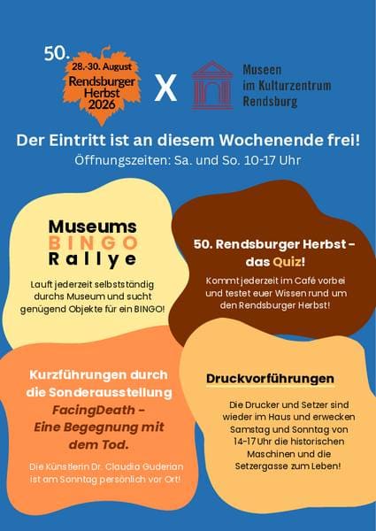 Programmplakat der Museen zum 50. Rendsburger Herbst mit vier farbigen Feldern auf blauem Grund.