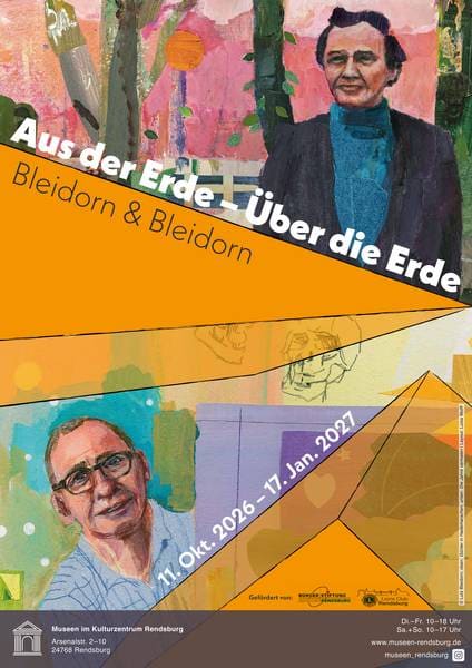 Plakat der Ausstellung mit gemalten Porträts von Ernst Günter und Lutz Bleidorn auf orangefarbenen Flächen.