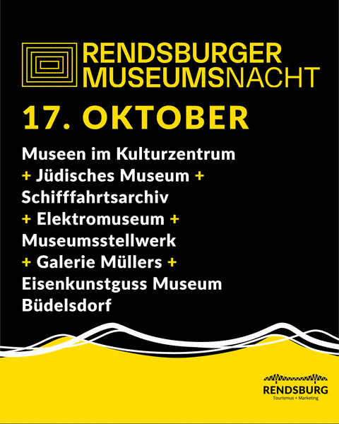 Plakat der Rendsburger Museumsnacht am 17. Oktober mit den teilnehmenden Museen auf schwarzem Grund.