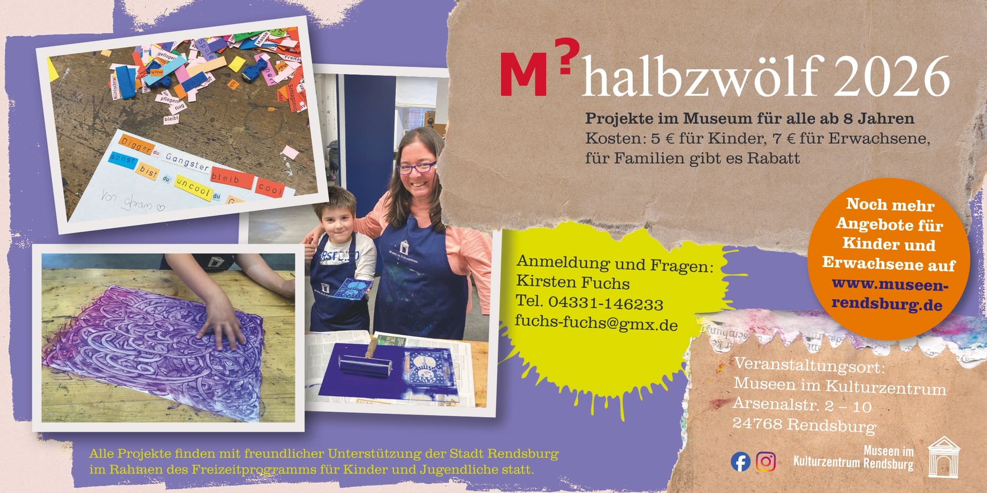 Programmkarte „M?halbzwölf 2026“ mit Fotos von Kindern beim Drucken und Gestalten.